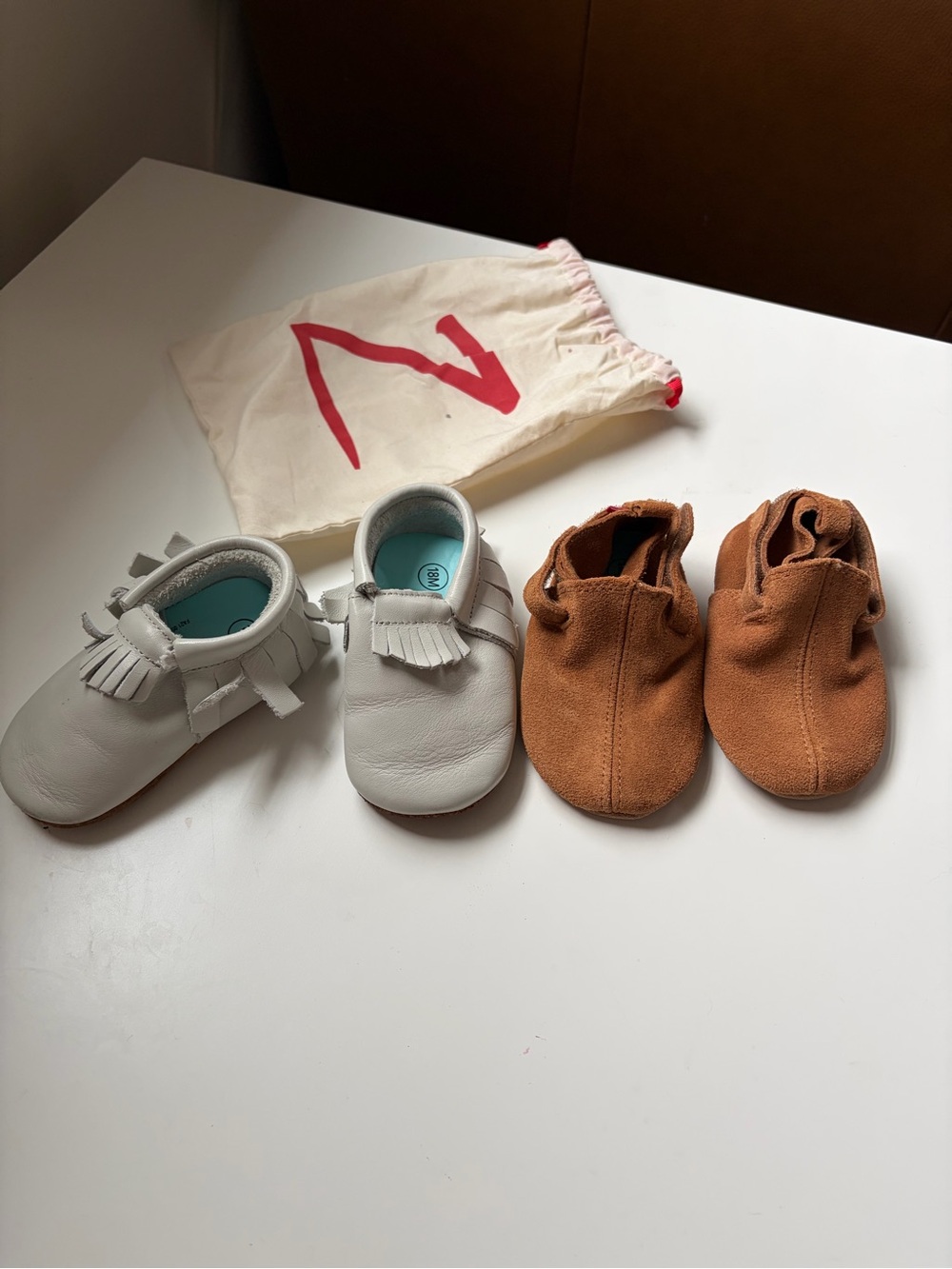 Zutano 12-18 months White Leather baby  Moccasins & Brown baby Soft Soles